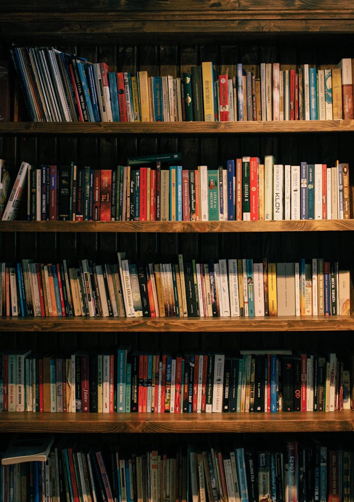 An extensive collection of books neatly arranged on a wooden bookshelf in a library setting.